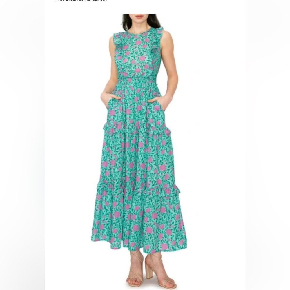 MELLODAY Floral Tiered Maxi Dress in Teal and Pink